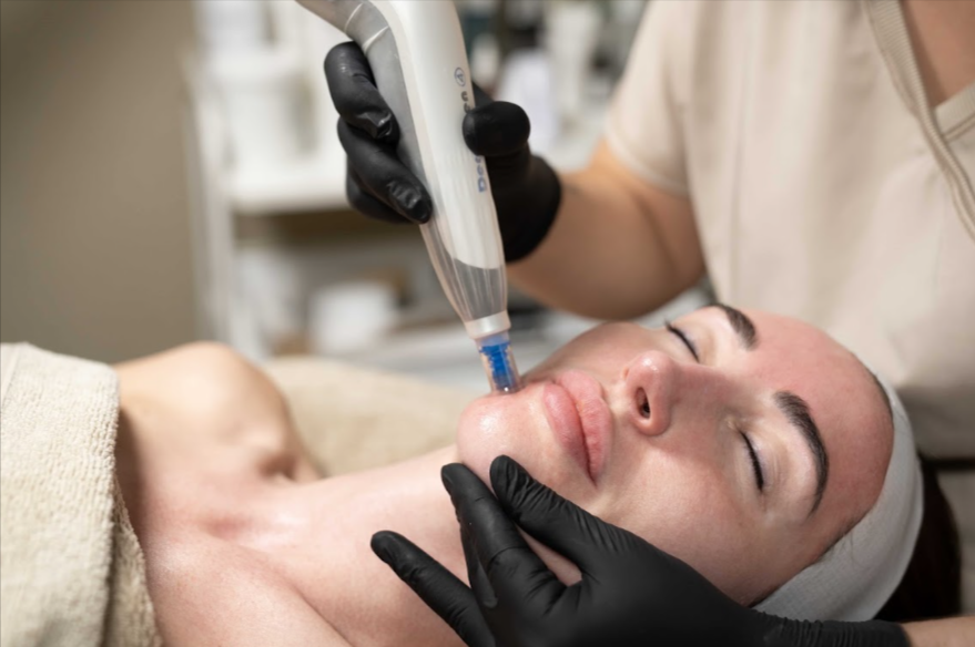 Dermapen microneedling device being applied to a client’s forehead during a professional skin treatment.