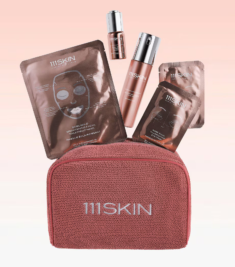 111SKIN Rose Gold Radiance Christmas Set, available at BROWZ shop with booster, face mist, eye and face masks, for glowing skin.