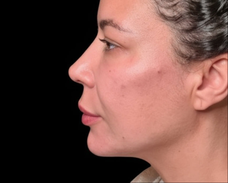 Side view look of a woman’s face showing visible improvement of texture and firmness after Profhilo Dubai treatment at BROWZ.