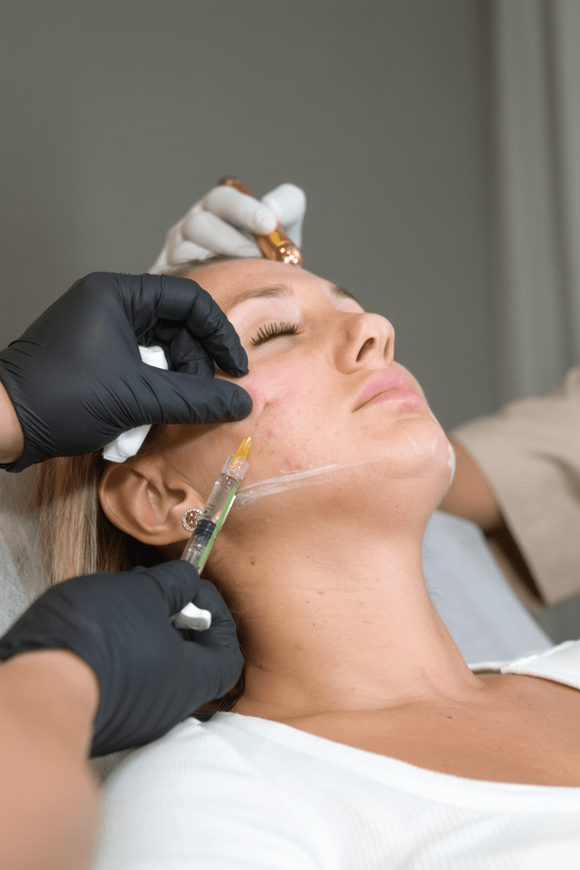 A close-up look of a woman during Sculptra Dubai treatment done by an expert resulting in improved facial volume at BROWZ.